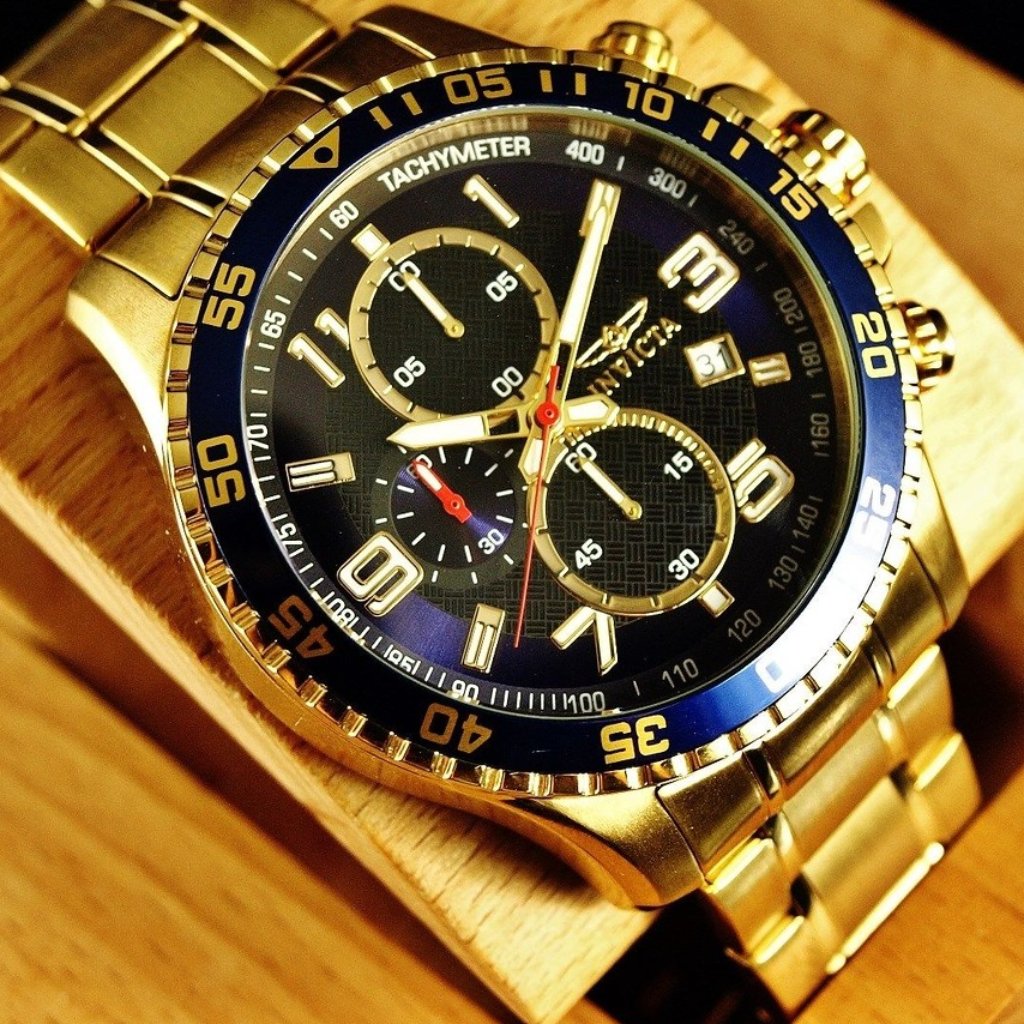 Sale!Men's 18k Gold Plated Blue Dial Chrono Watch